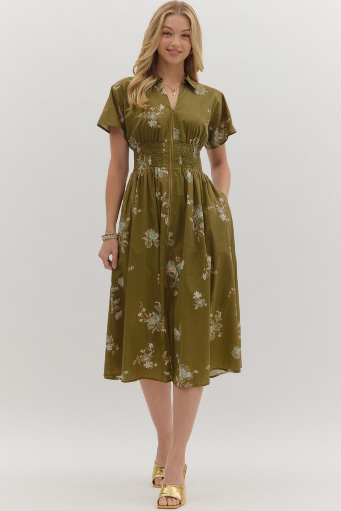 Elizabeth Floral Zip Front Midi Dress in Olive – ivy & leo