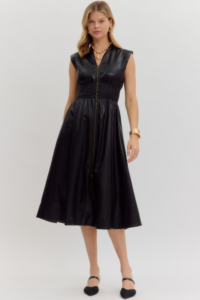 Elizabeth Vegan Leather Zip Front Midi Dress Black ivy & leo Elizabeth Vegan Leather Zip Front Midi Dress Black ivy & leo
