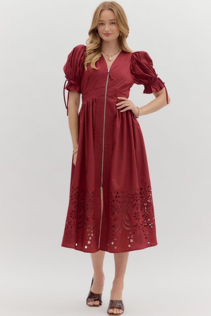 Elizabeth Crochet Trim Zip Front Midi Dress in Garnet – ivy & leo