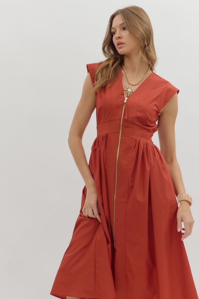 Elizabeth Zip Front Midi Dress in Brick – ivy & leo