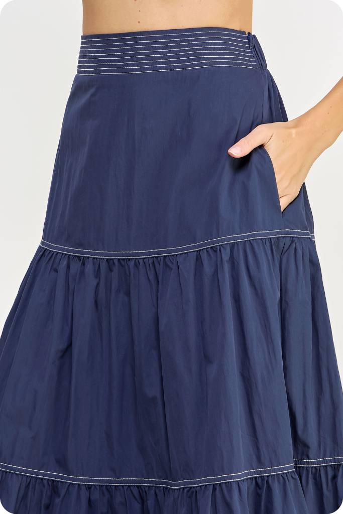 Cami Tiered Midi Skirt in Navy