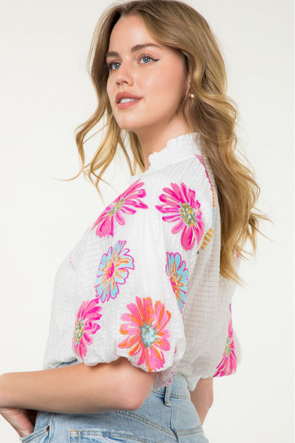 Sienna Floral Embroidered Top in White