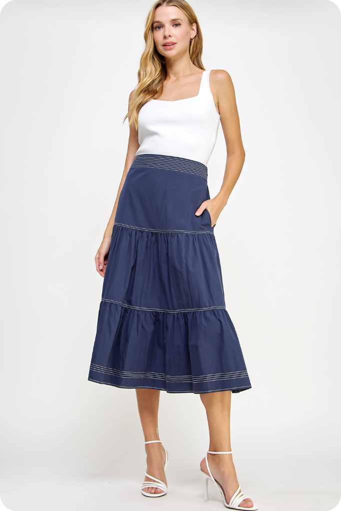 Cami Tiered Midi Skirt in Navy