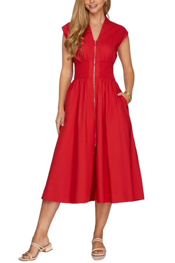 Liv Zip Front Midi Dress in Red