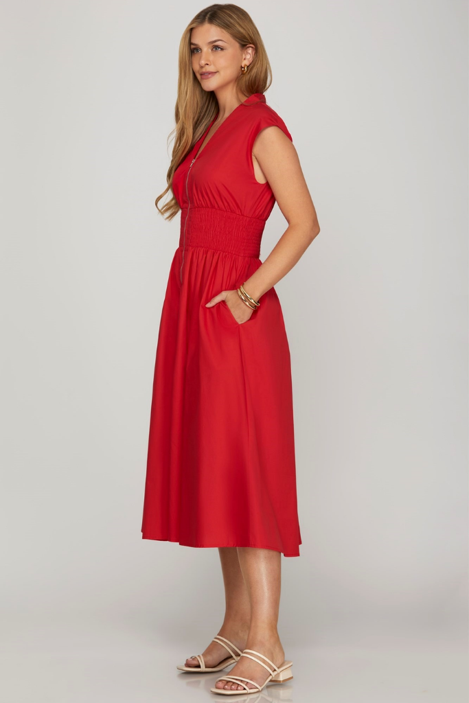 Liv Zip Front Midi Dress in Red