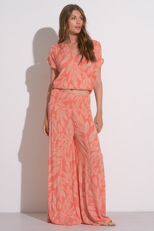 Posey Leaf Print Gauze Wide Leg Pant