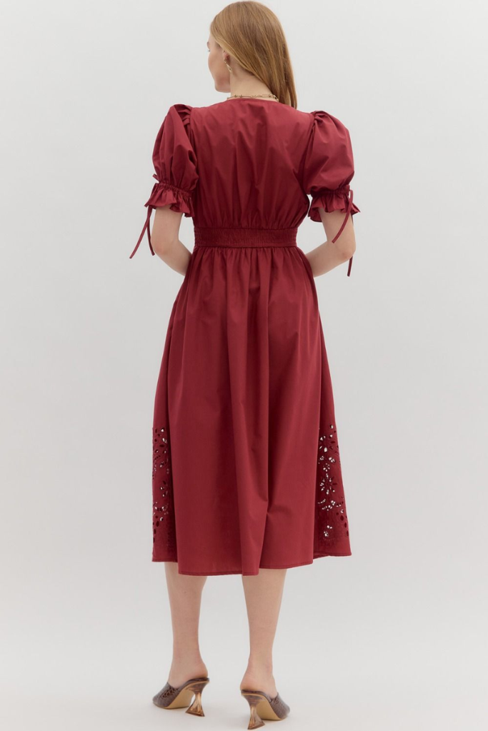 Elizabeth Crochet Trim Zip Front Midi Dress in Garnet