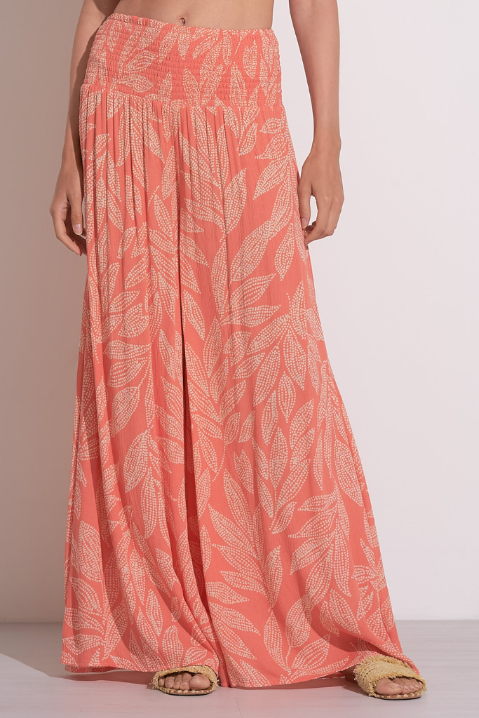 Posey Leaf Print Gauze Wide Leg Pant