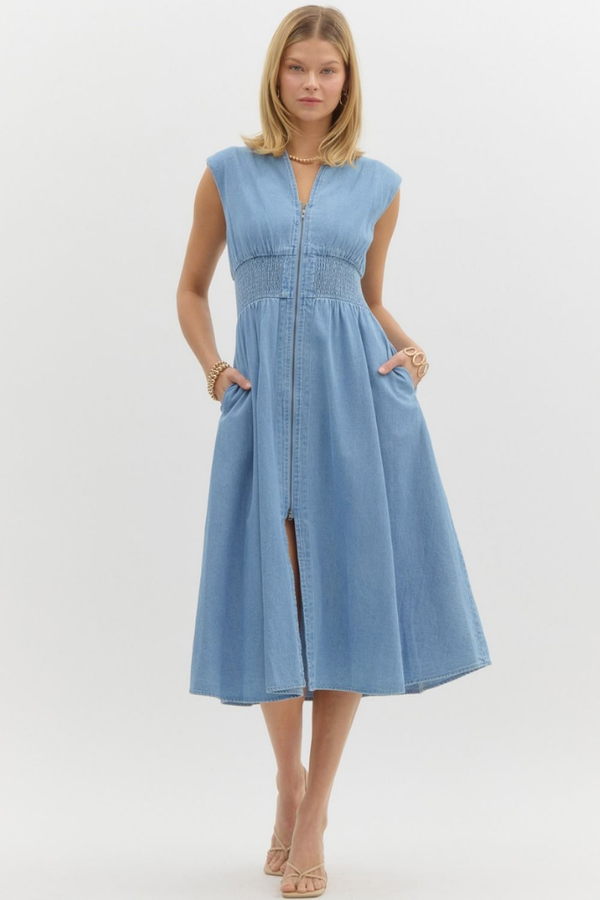 Elizabeth Denim Zip Front Midi Dress