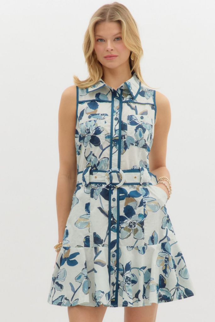 Indigo Floral Tie Sash Mini Dress