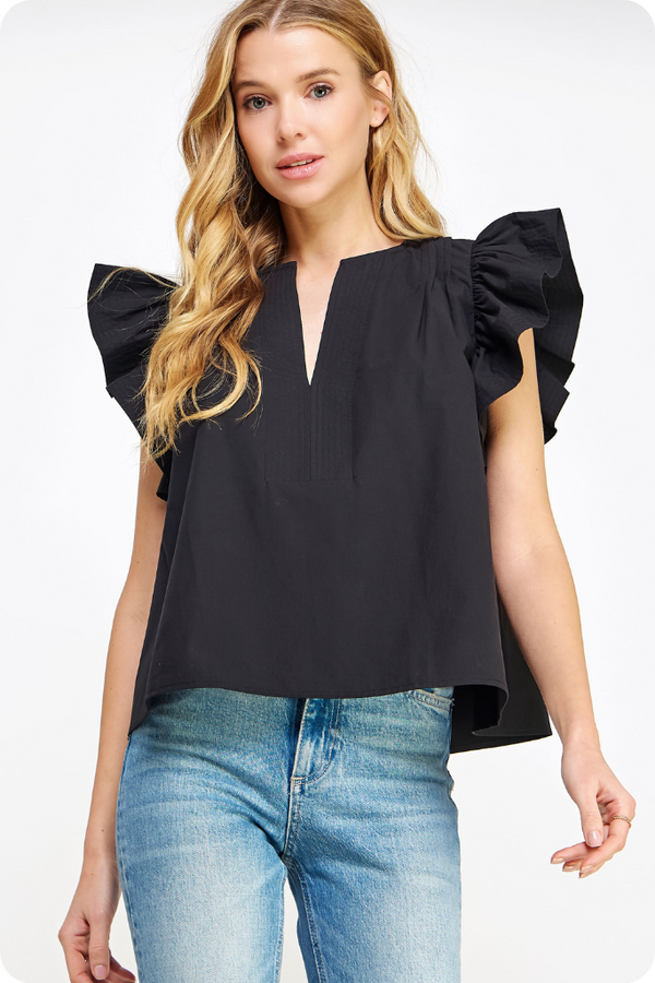 Magnolia Flutter Sleeve Top in Black