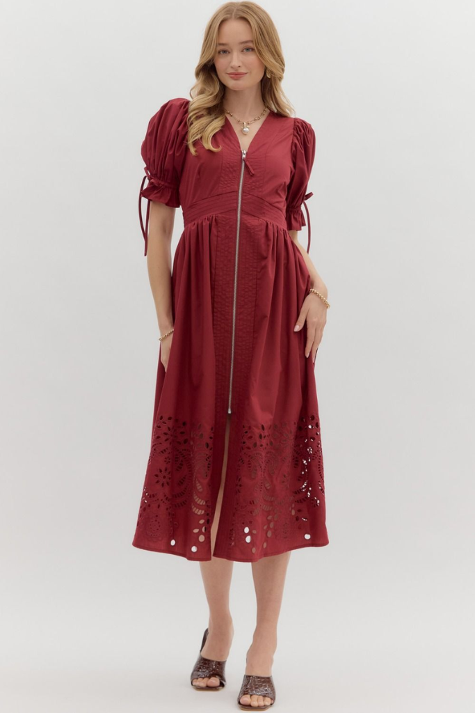 Elizabeth Crochet Trim Zip Front Midi Dress in Garnet