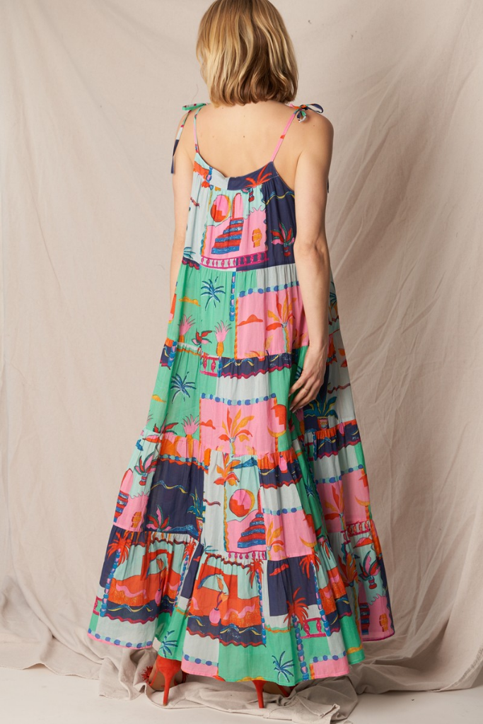 Zoey Tropical Print Maxi Dress in Blue Multi