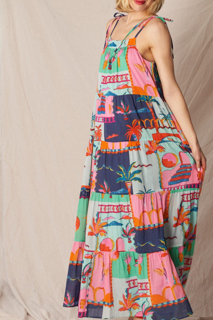 Zoey Tropical Print Maxi Dress in Blue Multi