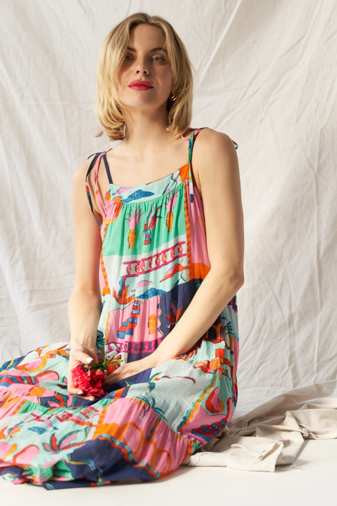 Zoey Tropical Print Maxi Dress in Blue Multi
