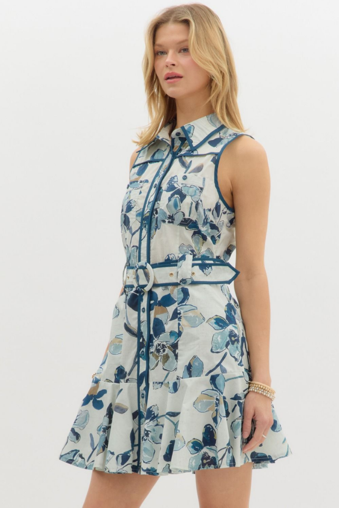 Indigo Floral Tie Sash Mini Dress