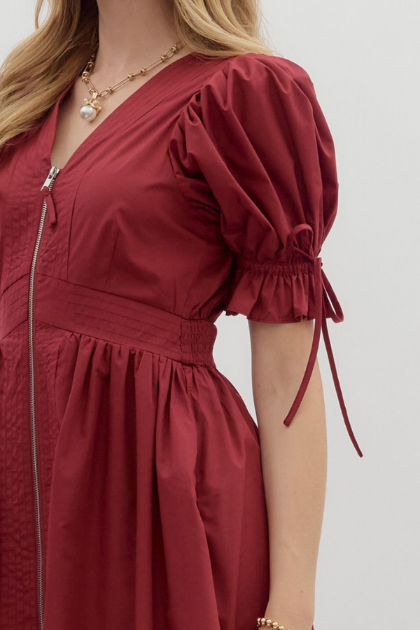 Elizabeth Crochet Trim Zip Front Midi Dress in Garnet