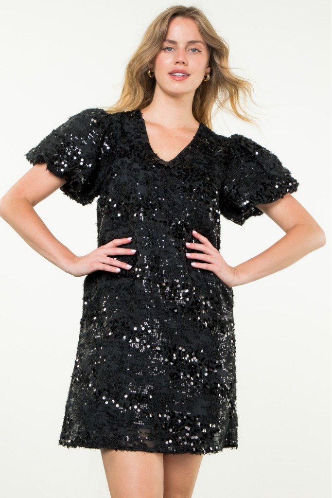 Valentina Sequin Mini Dress in Black