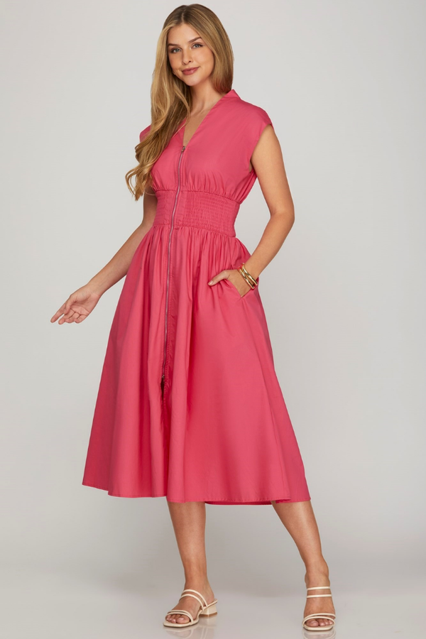 Liv Front Zip Midi Dress in Pink