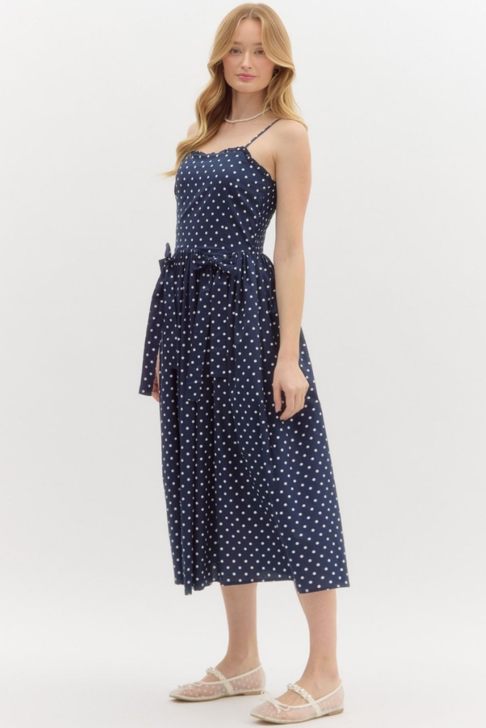 Sophie Polka Dot Midi Dress in Navy