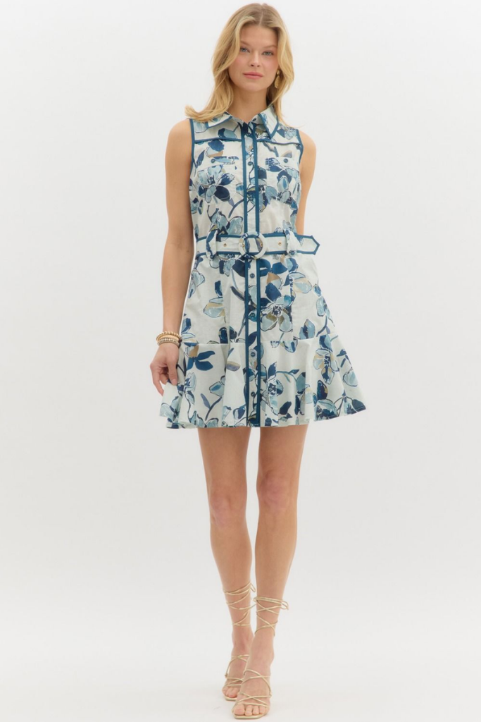 Indigo Floral Tie Sash Mini Dress