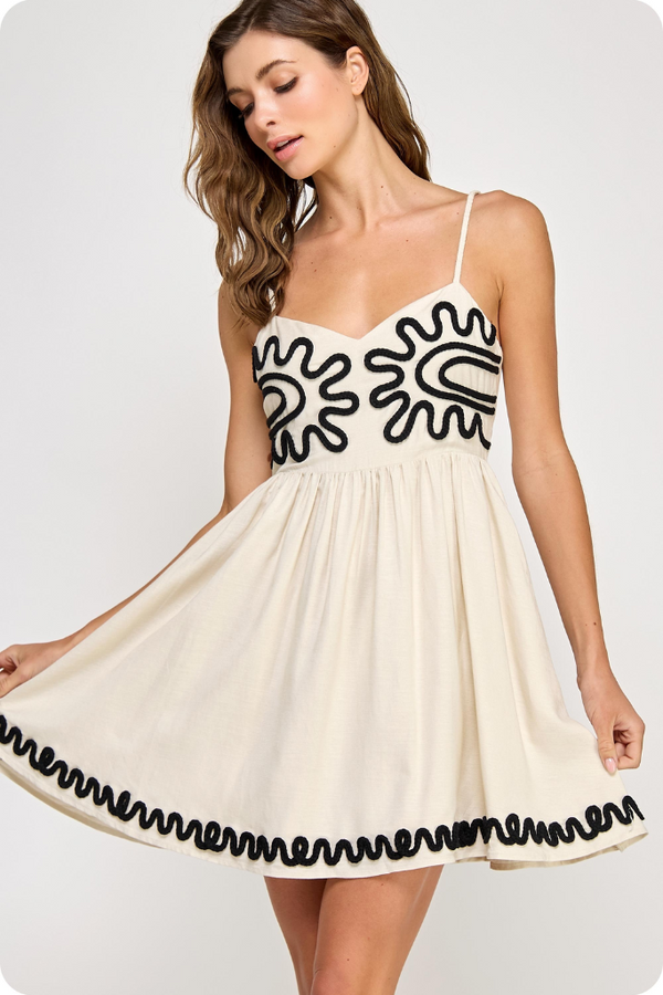 Alanea Braid Detail Mini Dress in Ecru Black