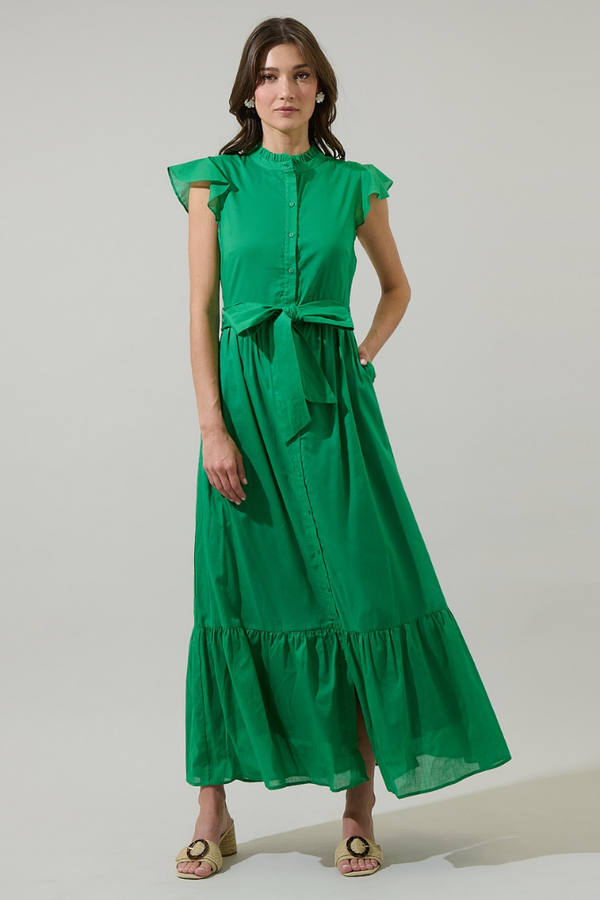 Riah Button Down Maxi Dress in Emerald