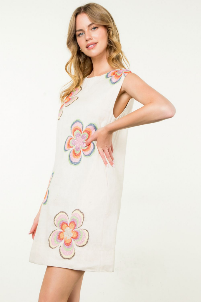 Ava Linen Embroidred Flower Mini Dress