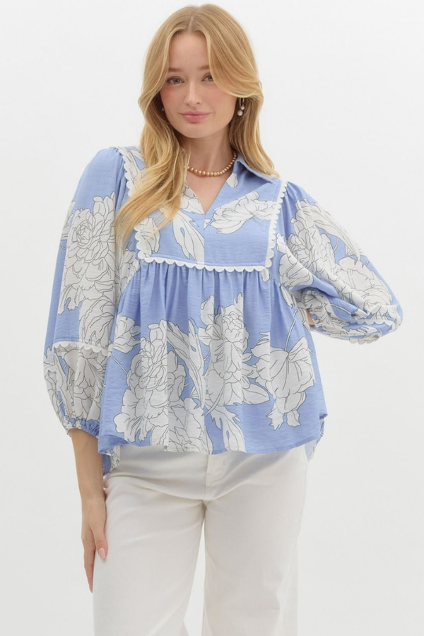 Zoe Floral Babydoll Top in Blue