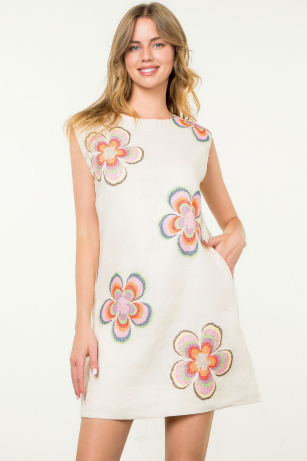 Ava Linen Embroidred Flower Mini Dress