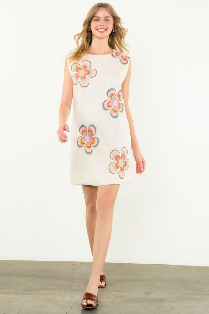 Ava Linen Embroidred Flower Mini Dress