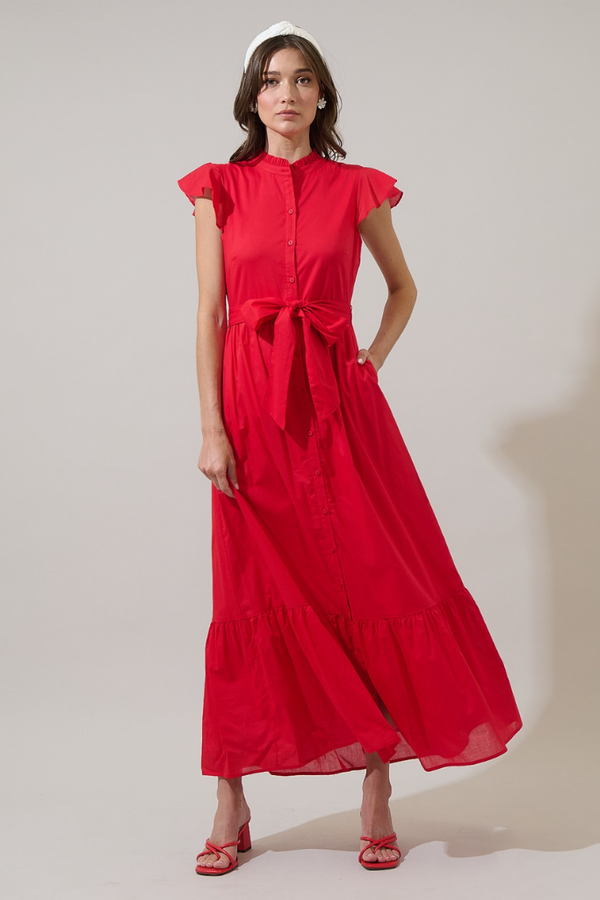 Riah Button Down Maxi Dress in Red