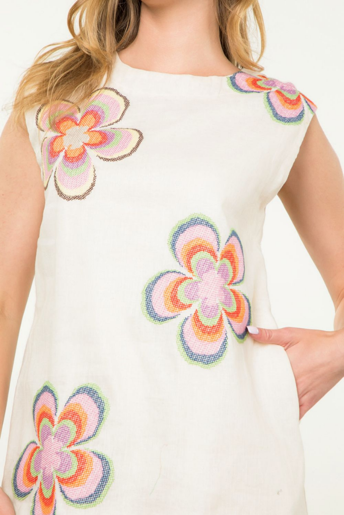 Ava Linen Embroidred Flower Mini Dress