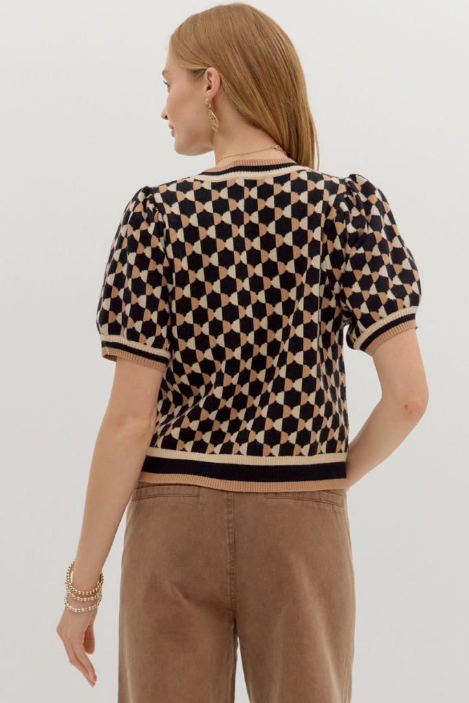 Fawn Argyle Short Sleeve Sweater in Black