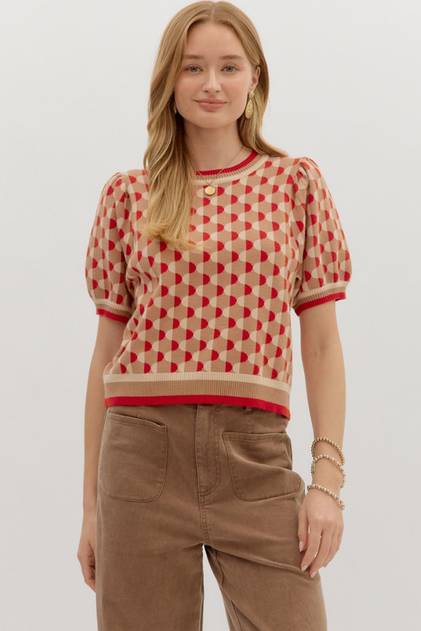 Fawn Argyle Short Sleeve Sweater in Camel
