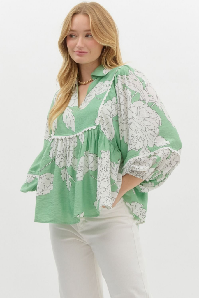 Zoe Floral Babydoll Top in Mint