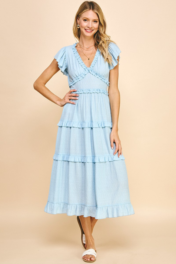 Diana Gauze Tiered Midi Dress in Pastel Blue