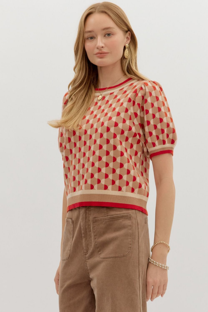 Fawn Argyle Short Sleeve Sweater in Camel