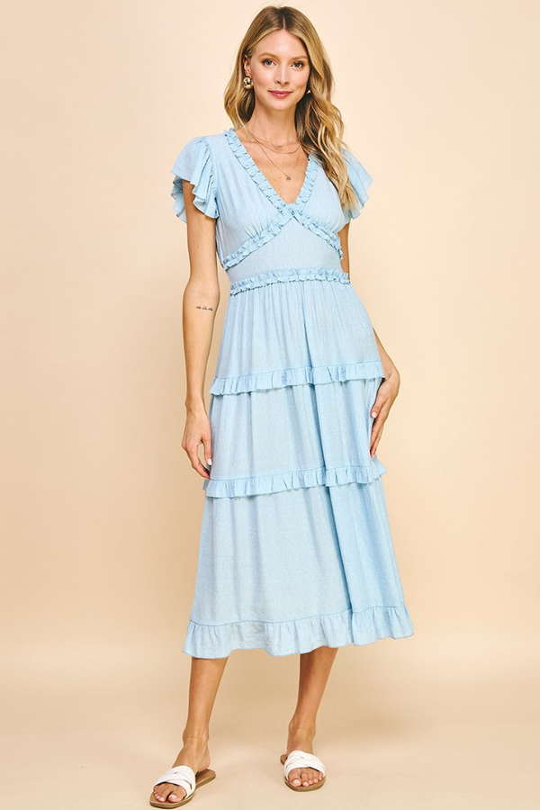 Diana Gauze Tiered Midi Dress in Pastel Blue