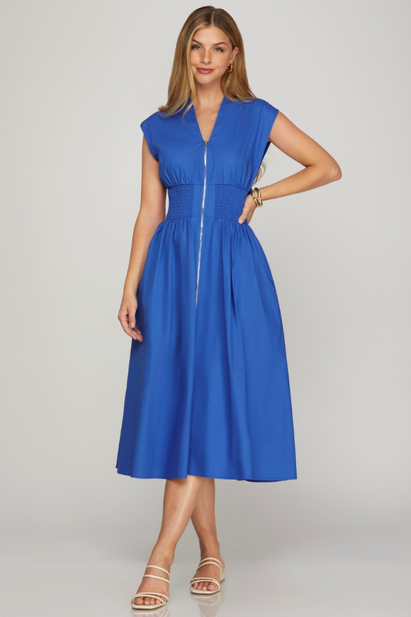 Liv Front Zip Midi Dress in River Blue