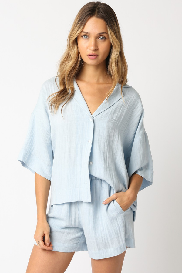 Eloise Linen Button Up Top in Blue