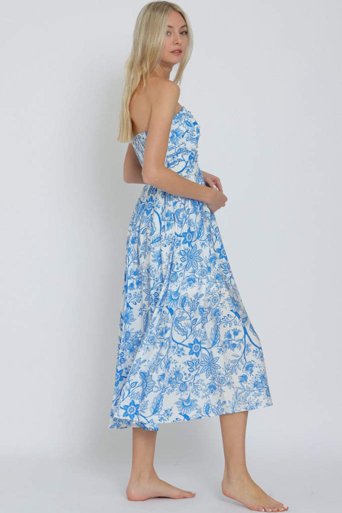 Sadie Paisley Strapless Midi Dress