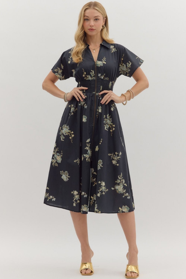 Elizabeth Floral Zip Front Midi Dress in Balck