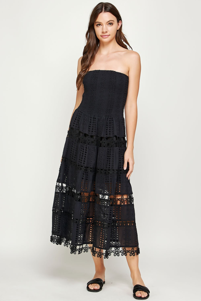 Linnea Eyelet Tube Midi Dress in Black