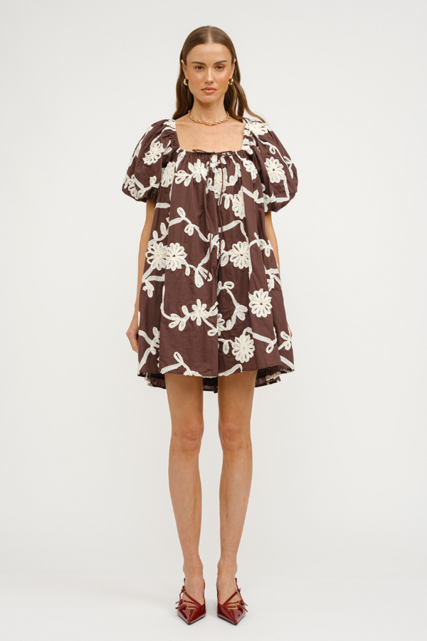 Short and Sweet Embroidered Mini Dress in Brown