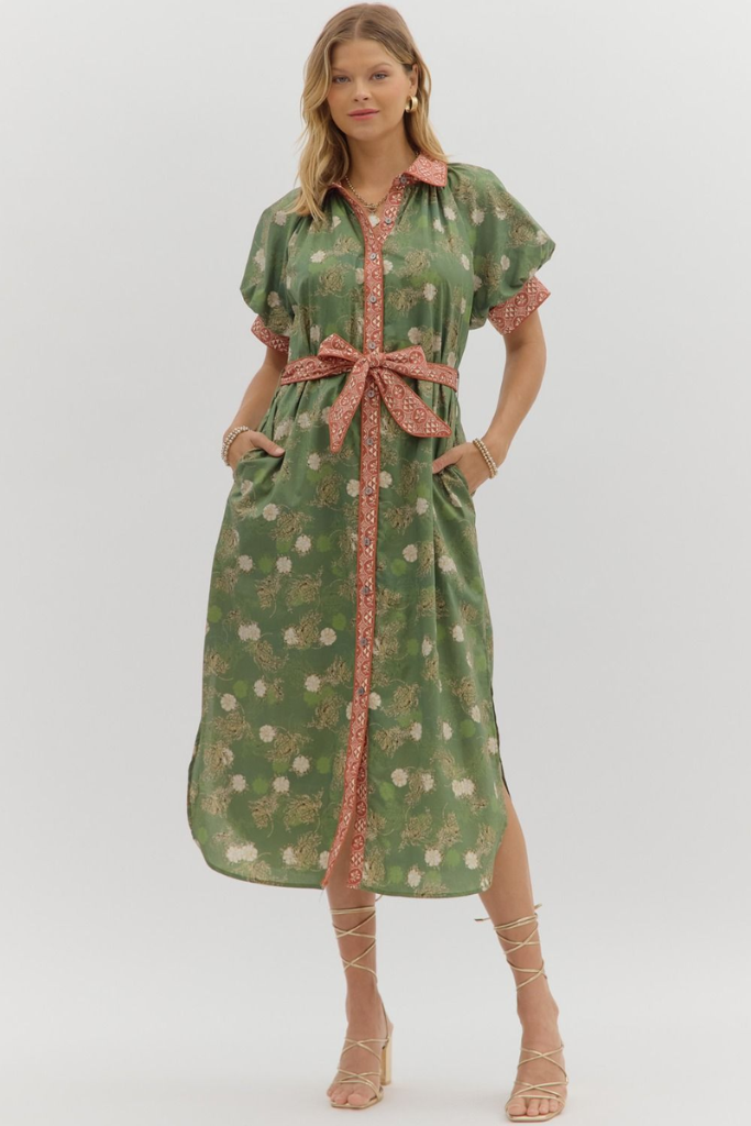 Autumn Floral Belted Midi Dress