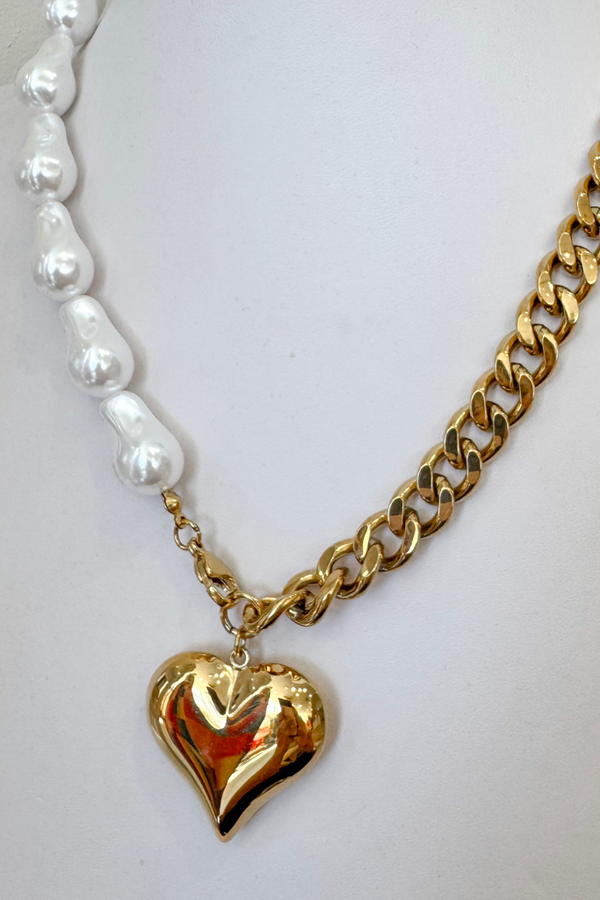 Pearl and Chain Heart Drop Necklace