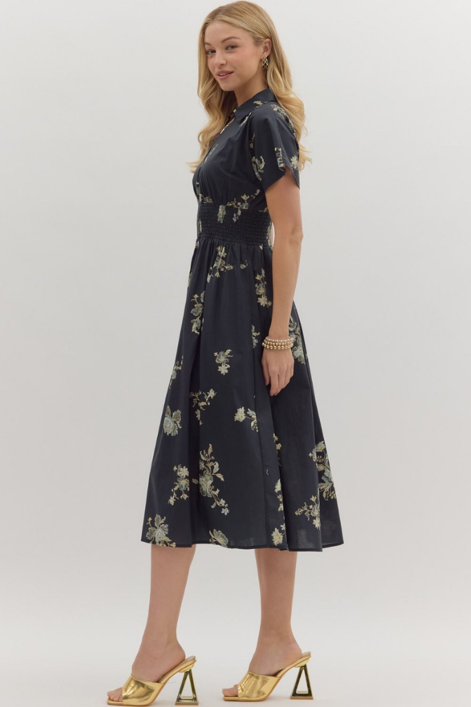 Elizabeth Floral Zip Front Midi Dress in Balck