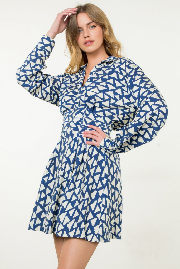 Isla Printed Long Sleeve Dress in Navy