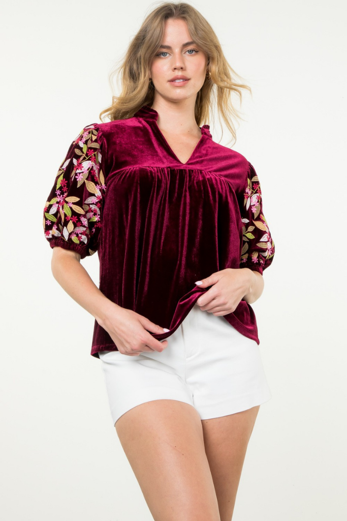 Wine Night Floral Embroidered Top